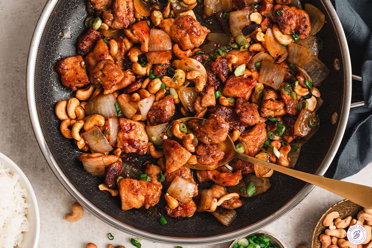 overhead cashew chicken stir fry in skillet