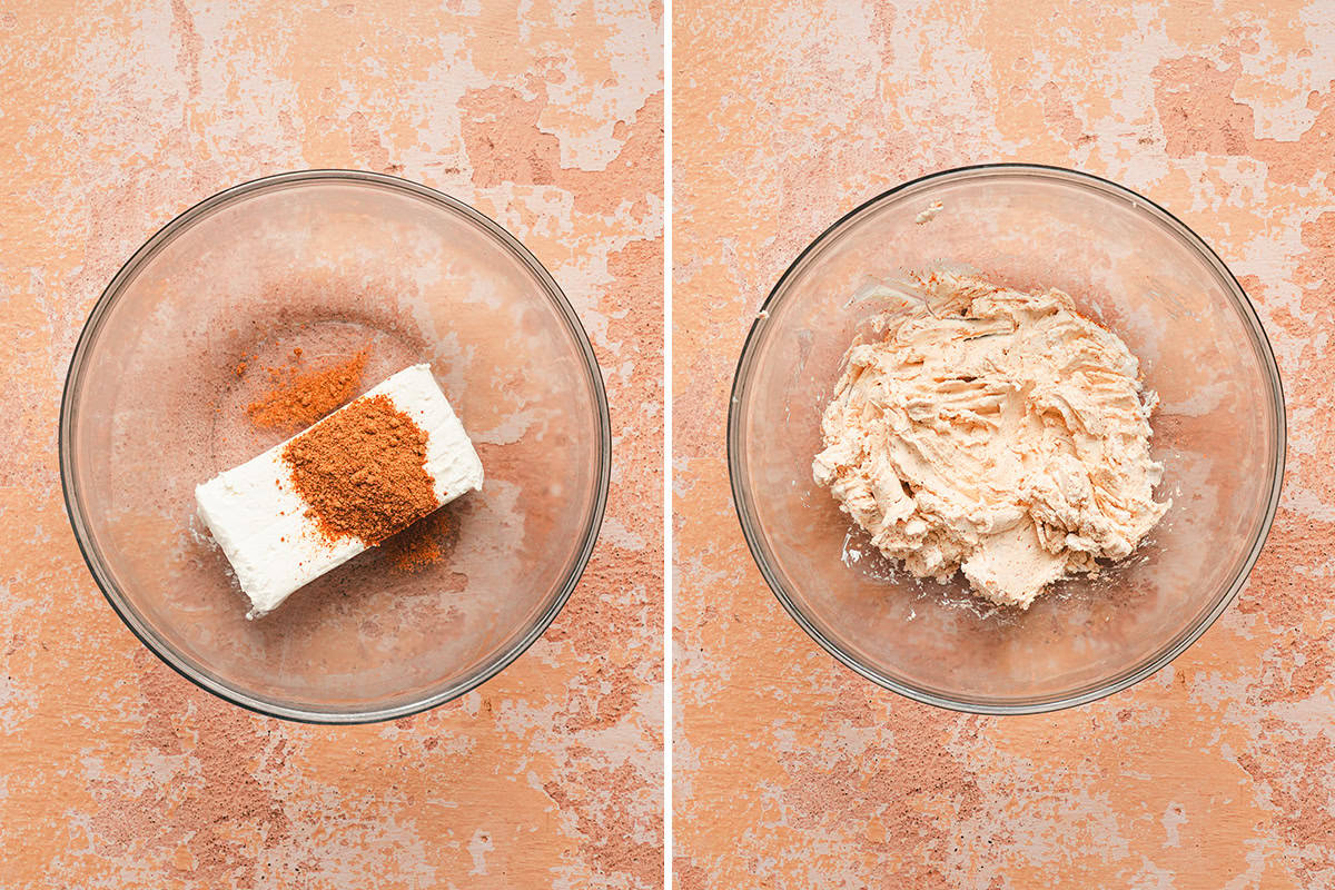 making cream cheese base with cream cheese and taco seasoning for chile relleno dip