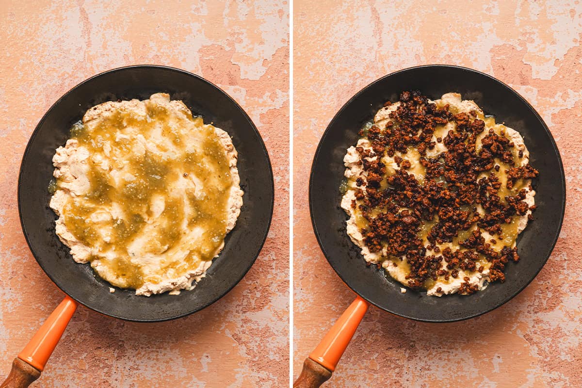 adding salsa verde to cream cheese mixture in skillet