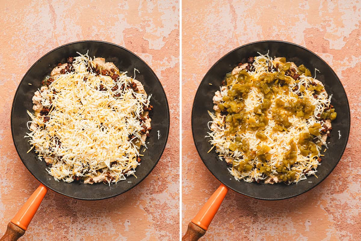 adding cheese and chiles to cream cheese mixture for chile relleno dip