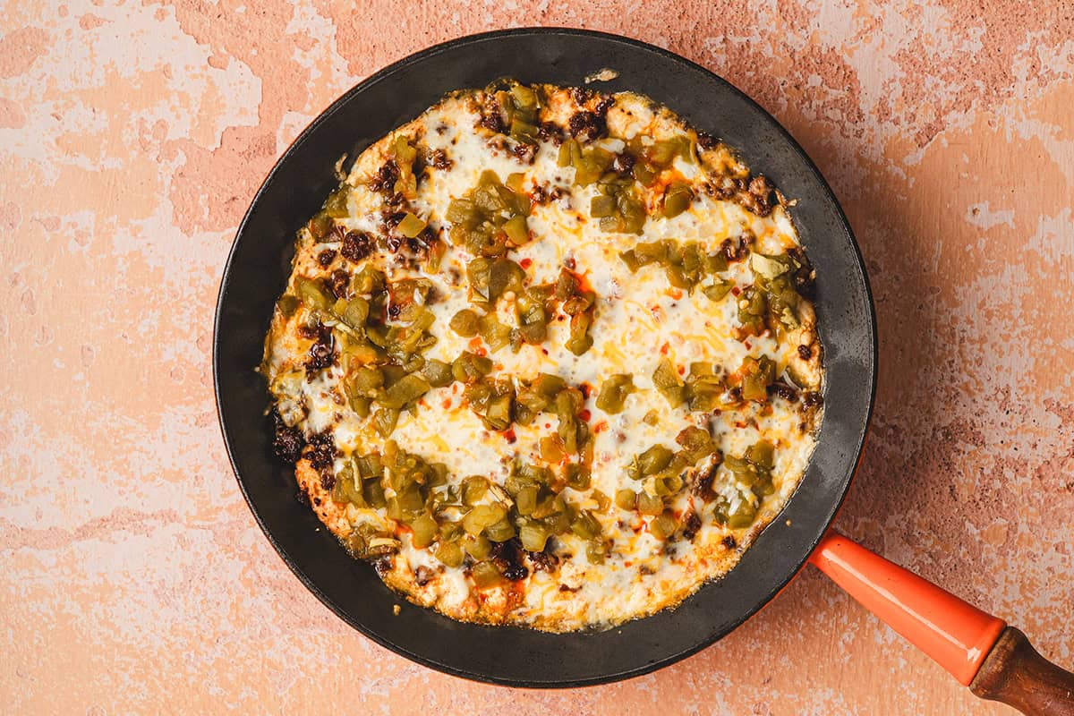 chile relleno dip ready to be baked