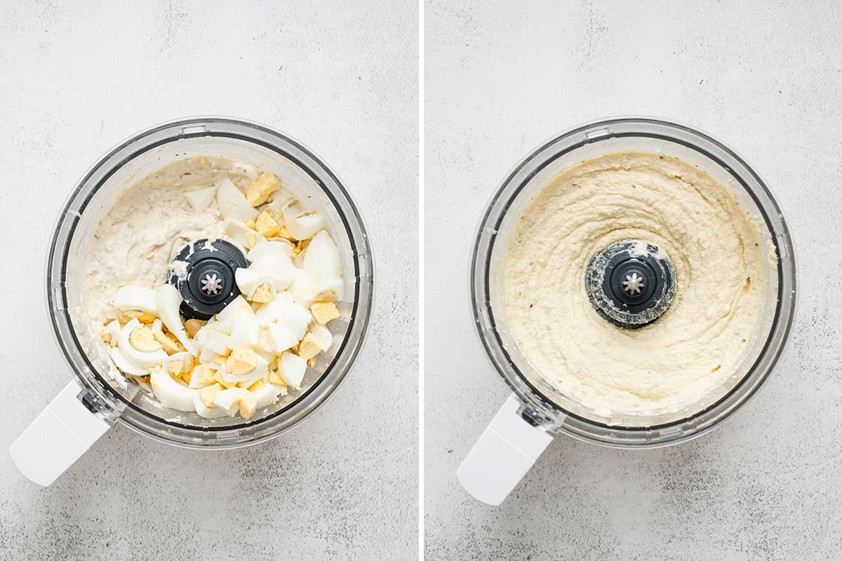 deviled egg dip mixed with eggs in a food processor