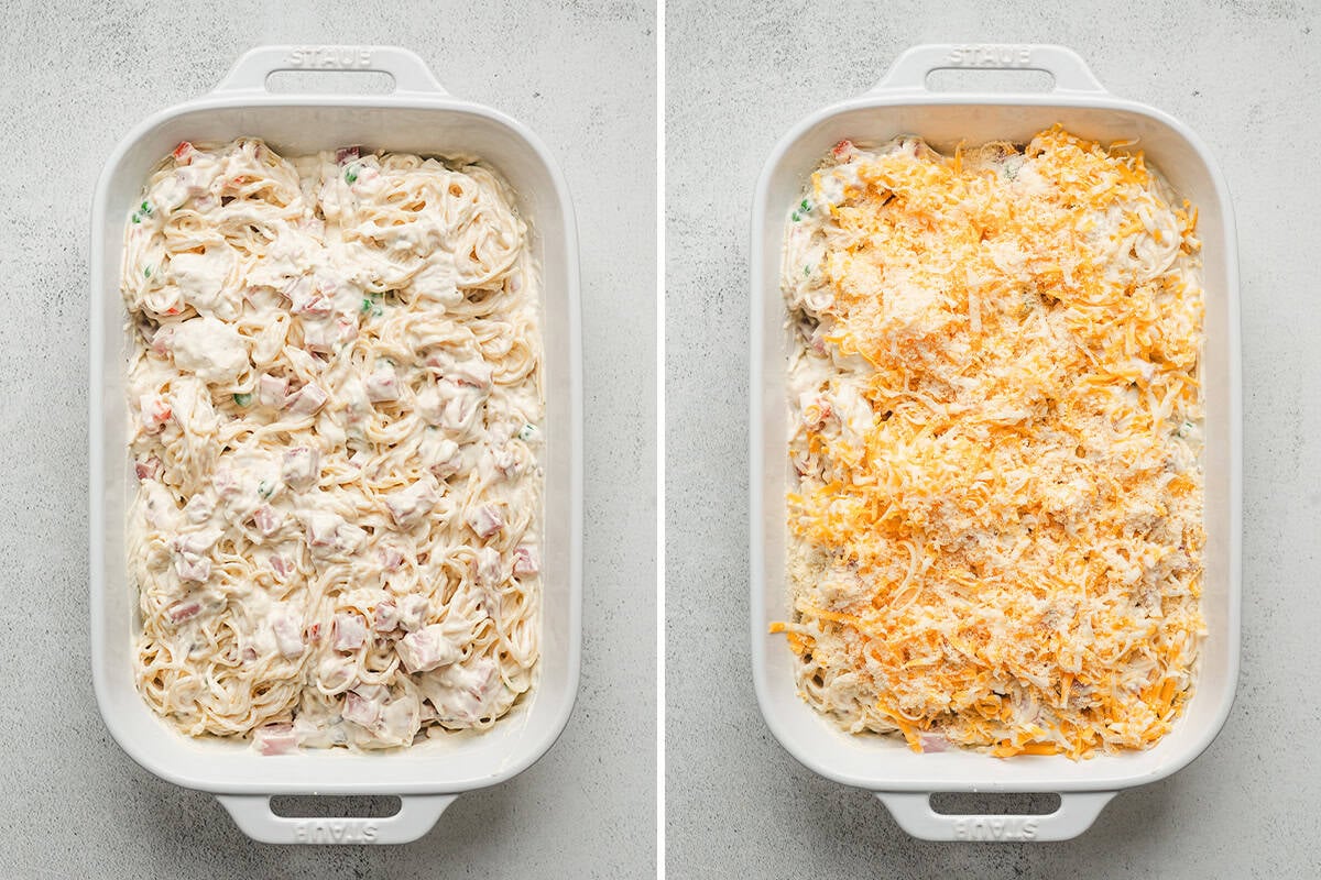 ham tetrazzini in baking dish ready to go in the oven