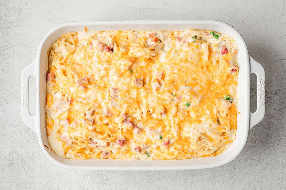 ham tetrazzini in casserole dish