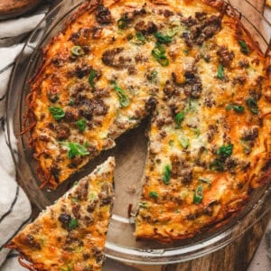 Sliced Hash Brown Crusted Quiche in pie plate