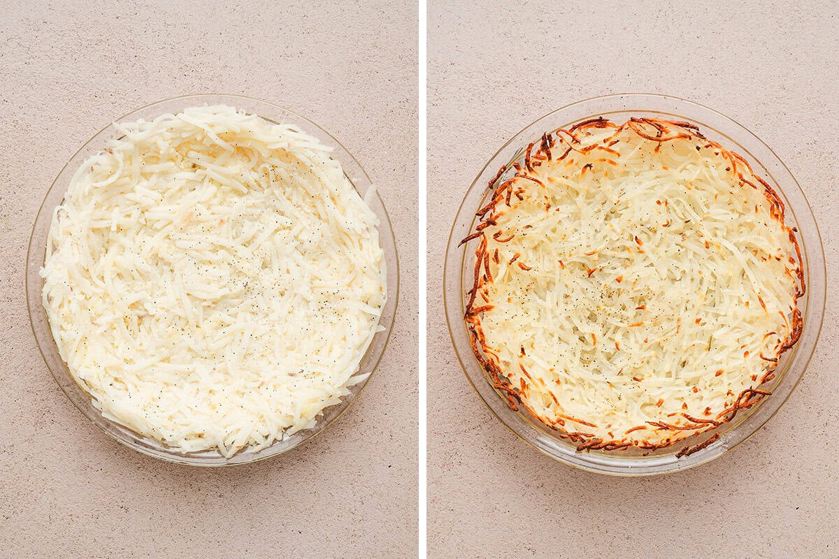 hash brown crust in pie plate before and after being baked