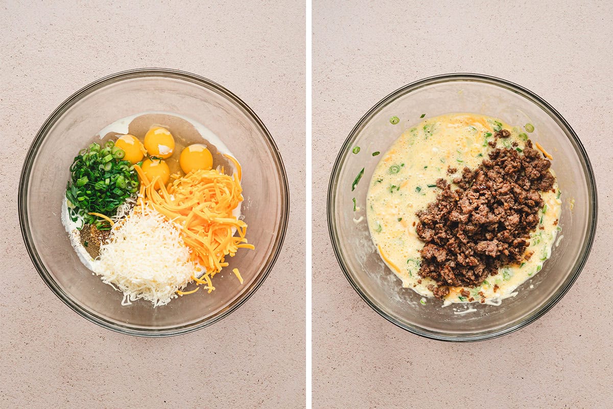 ingredients for quiche custard being mixed in bowl