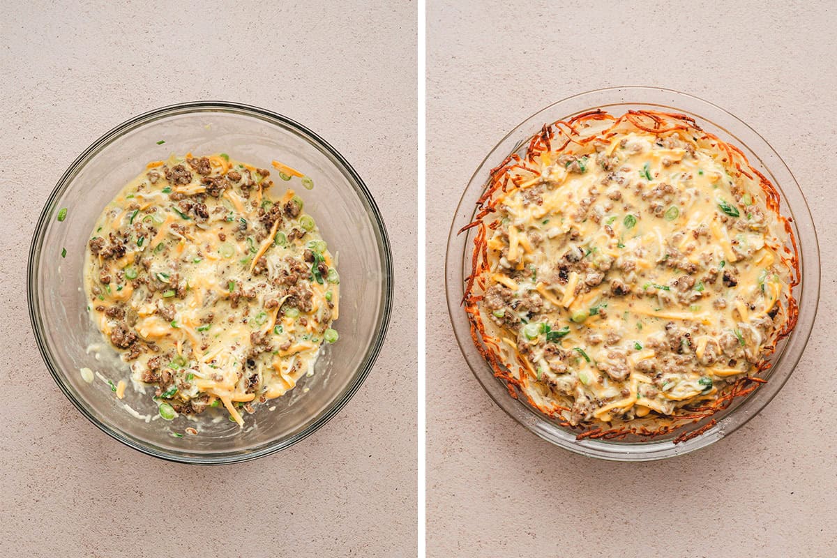 egg and sausage filling for quiche poured into hash brown crust