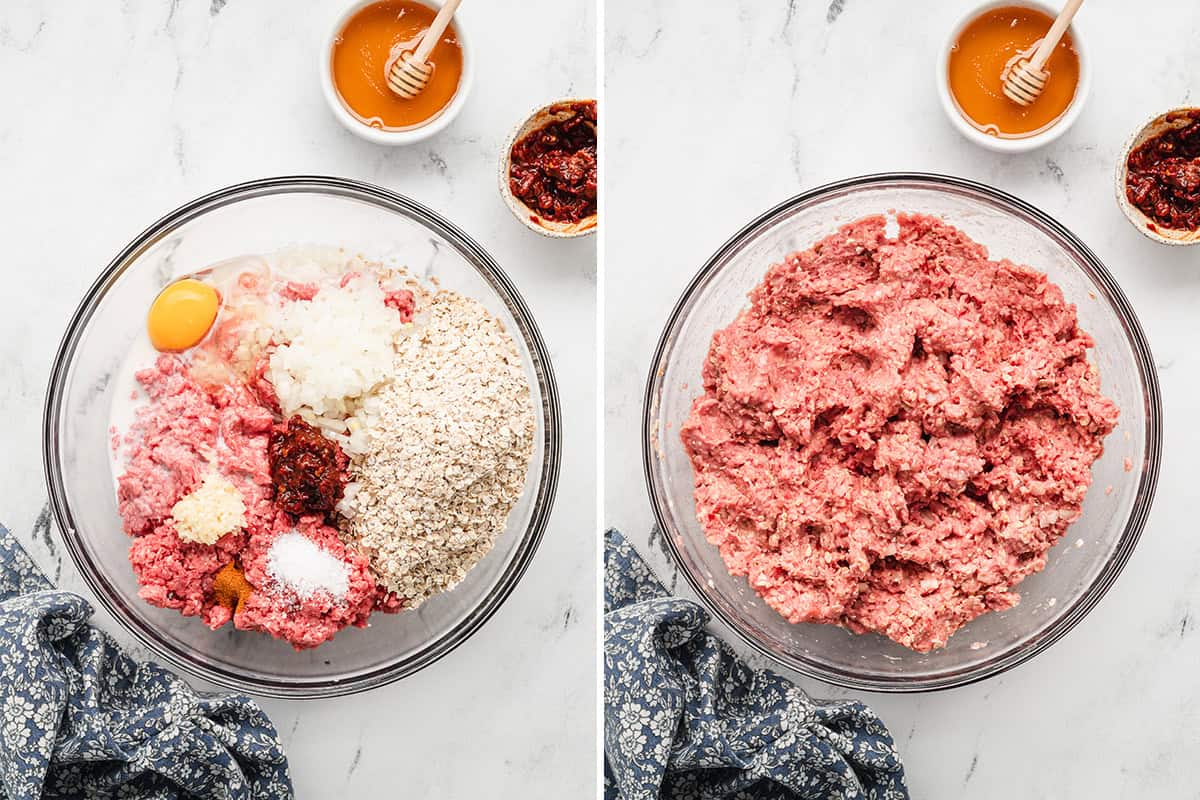 ingredients and meatloaf mixture in bowl