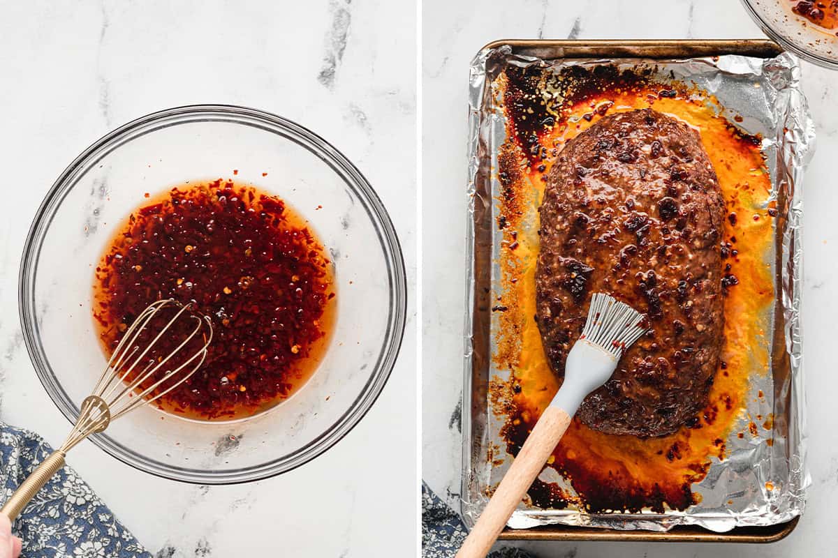 cooked Honey Chipotle Meatloaf being basted with sauce