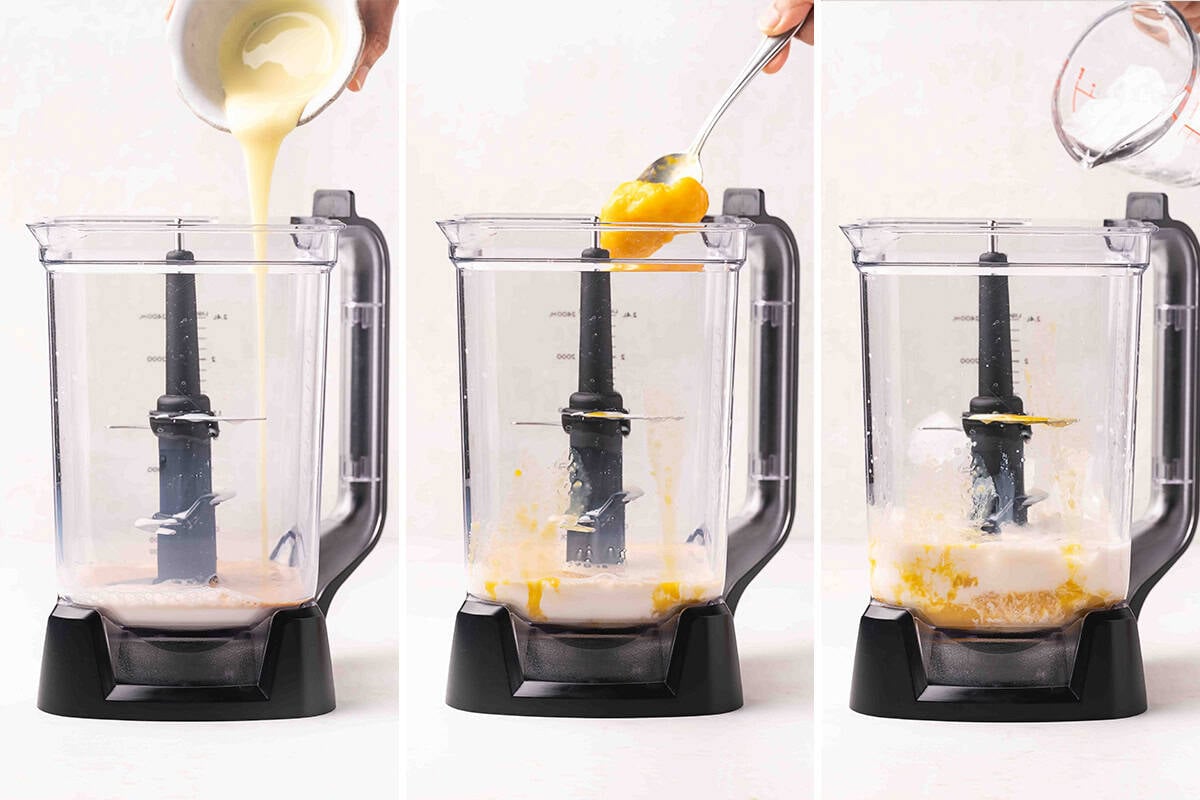 ingredients for Orange Julius being added to blender