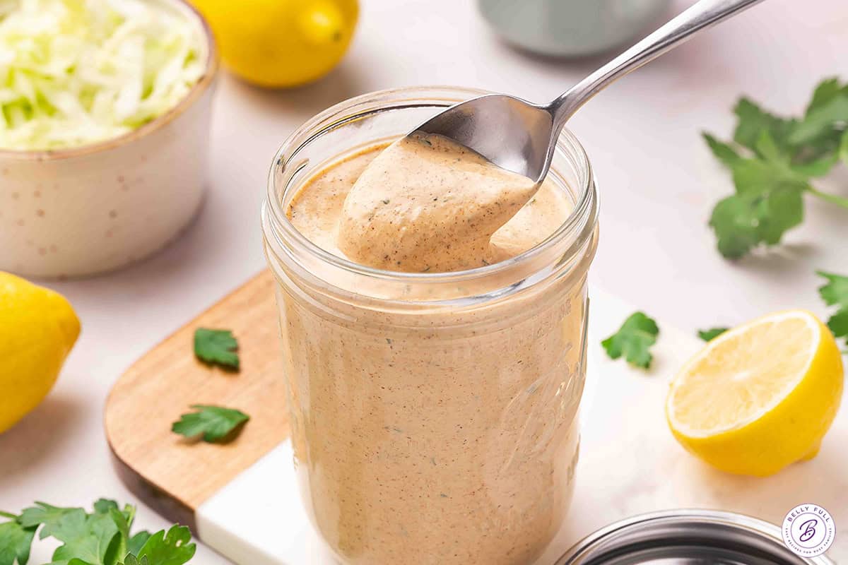 Spoonful of Remoulade Sauce over jar