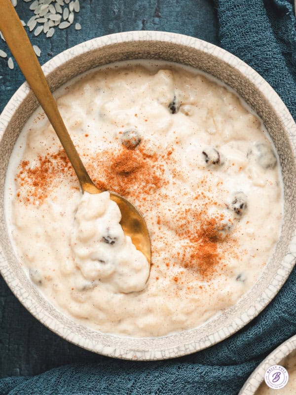 overhead photo of rice pudding in bowl with spoon