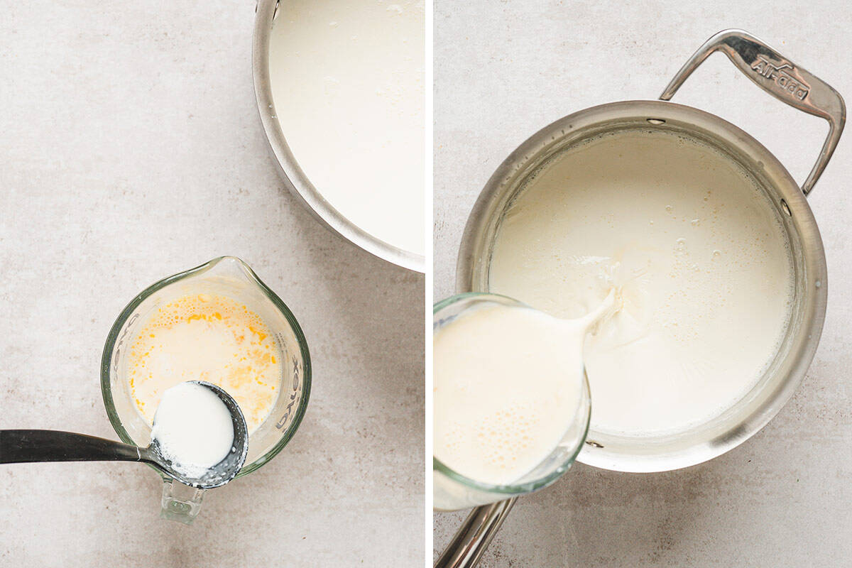 egg being tempered in measuring cup with warm milk, then poured into pot with warm rice pudding