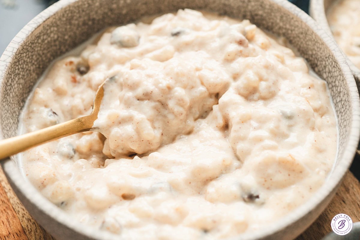 a bowl of creamy rice pudding with spoon