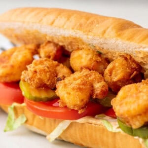 Louisiana Po Boy Sandwich with fried shrimp on toasted bun