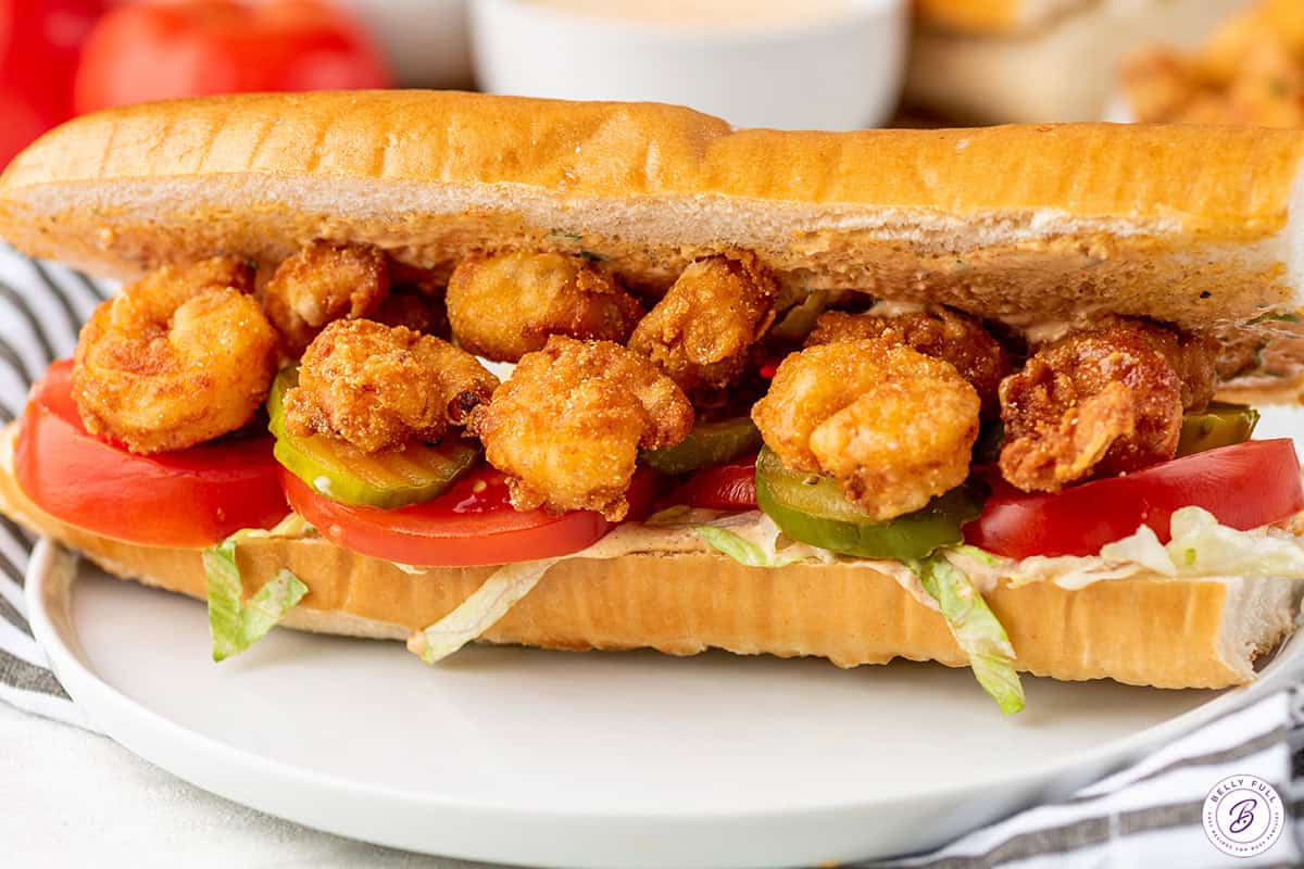 Louisiana Po Boy Sandwich with fried shrimp on toasted bun