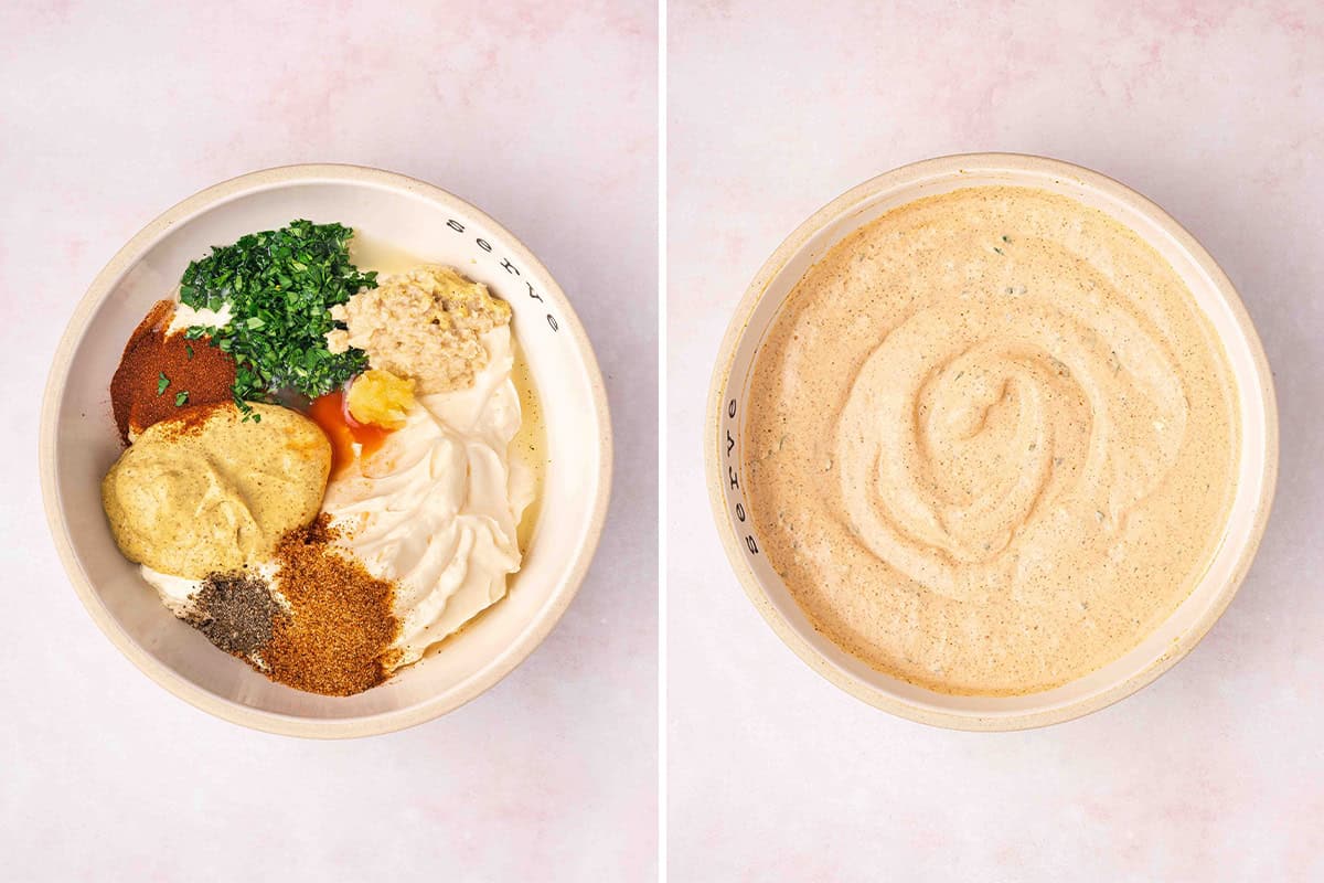 ingredients for remoulade sauce mixed together in bowl