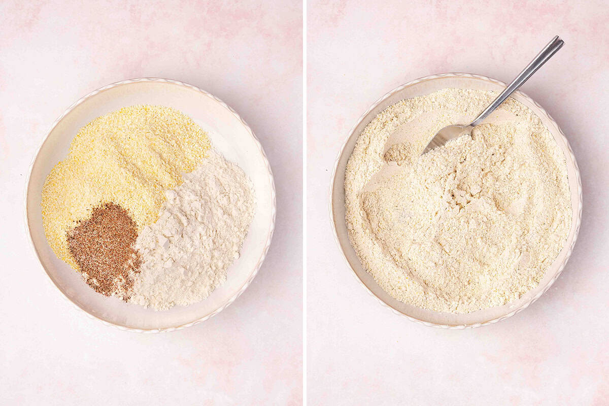 flour, cornmeal, and spices mixed together in a bowl