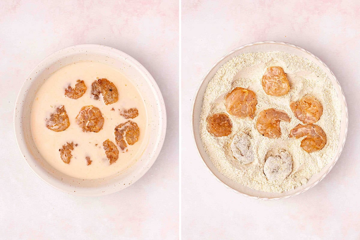 shrimp soaking in marinade and coated in seasoned flour