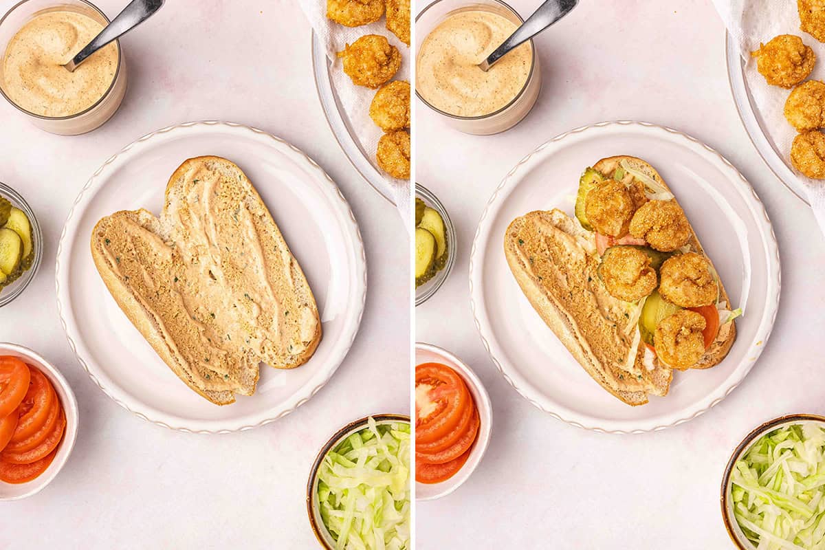 assembling ingredients for a shrimp po boy on toasted rolls