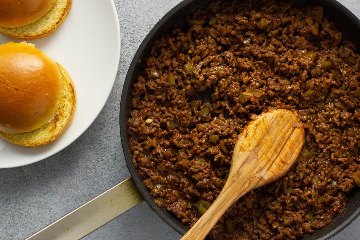 homemade sloppy joes mixture in skillet