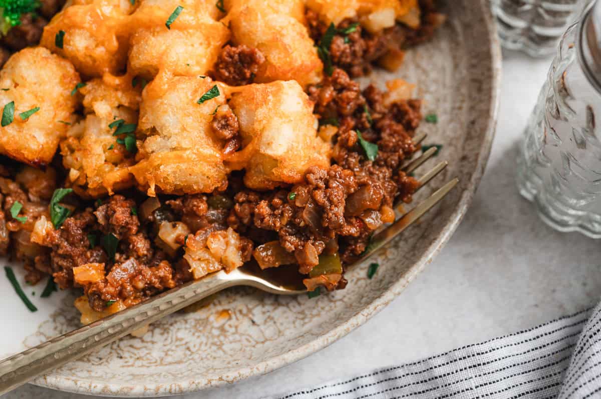 Plated serving of sloppy joe tater tot casserole, with crispy tater tots, melty cheese, and rich sloppy joe beef served on a ceramic plate with a fork.