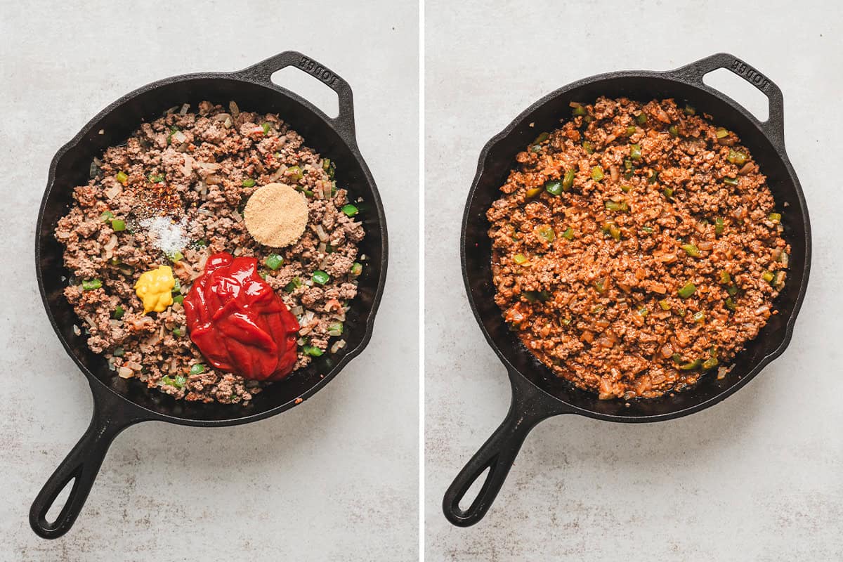 Sloppy joe sauce ingredients added to the skillet with ground beef, including ketchup, mustard, brown sugar, salt, and spices before mixing.