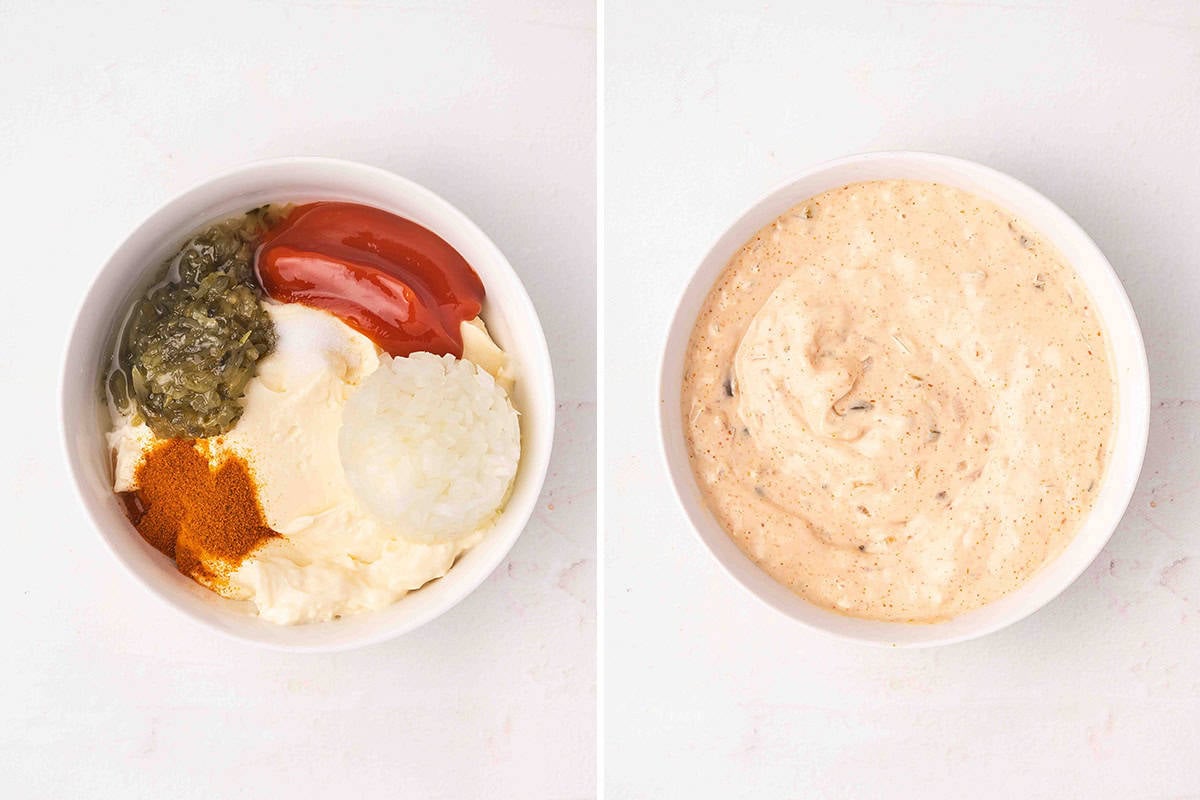 ingredients for homemade Thousand Island Dressing mixed together in bowl