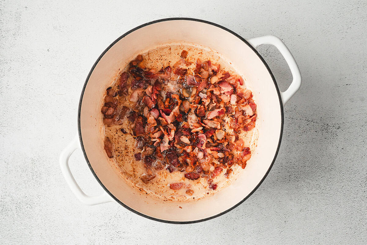 crisp diced bacon in soup pot
