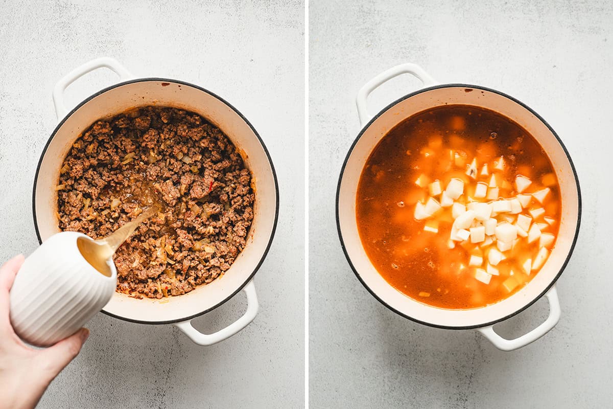chicken broth added to soup pot with sausage crumbles and potatoes