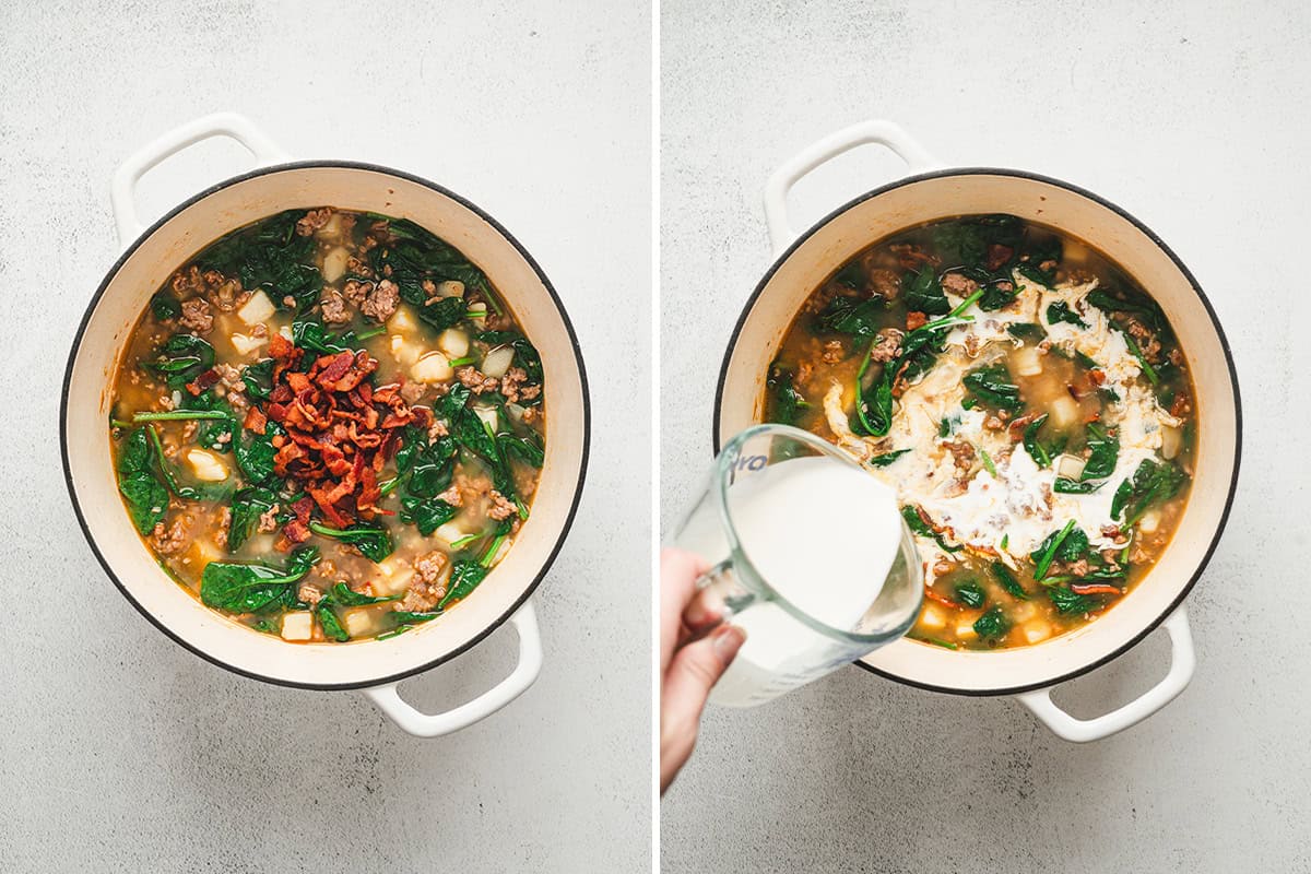 cream being added to Zuppa Toscana soup in pot