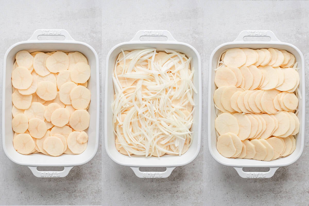 three side-by-side photos showing how to layer potatoes for au gratin potatoes