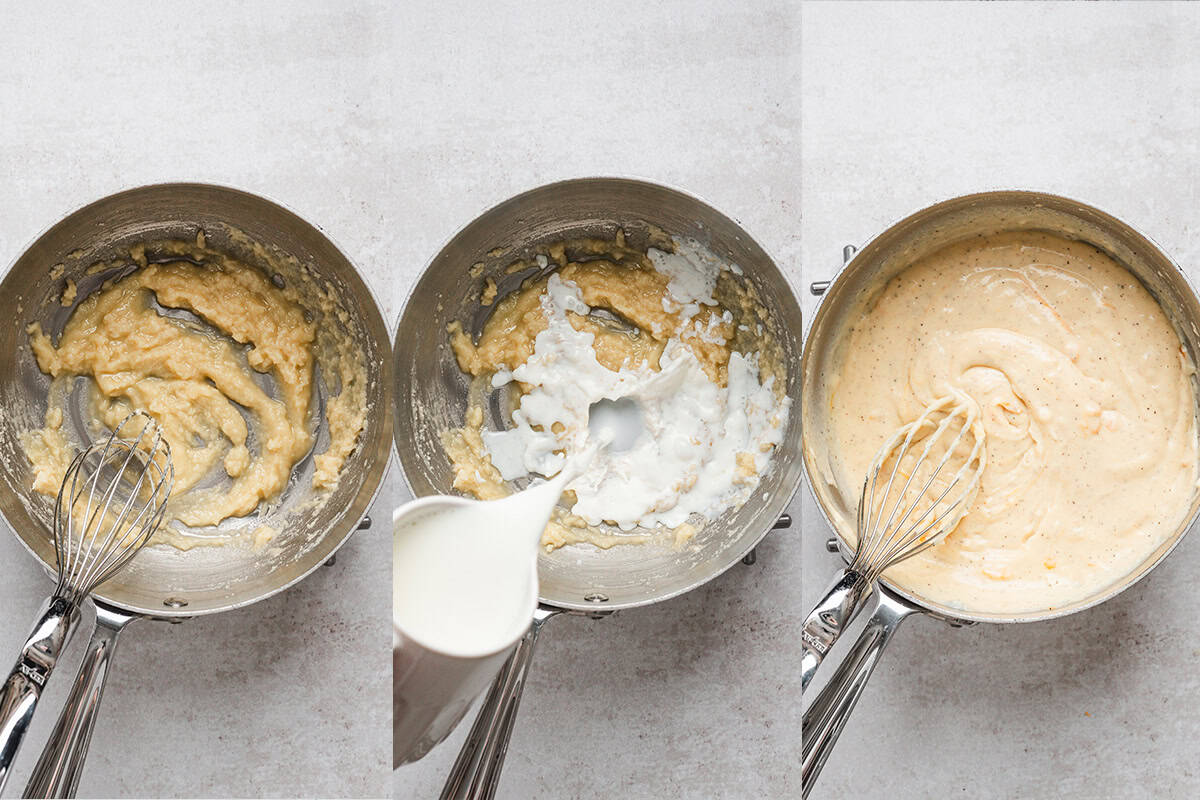 three side-by-side photos showing how to make a roux