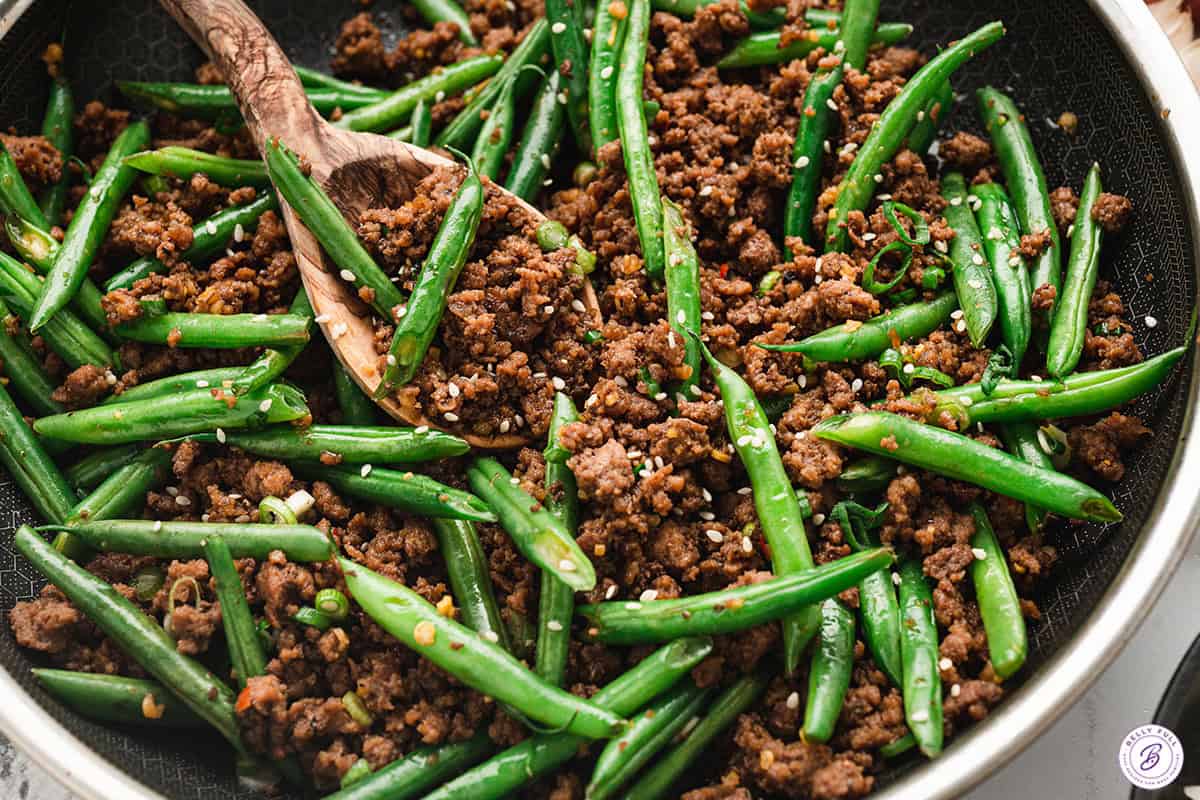 close up korean ground beef in skillet