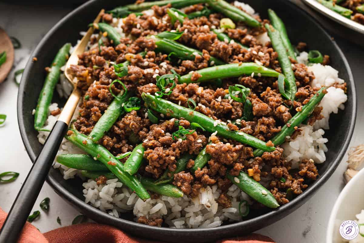 korean ground beef over white rice in bowl