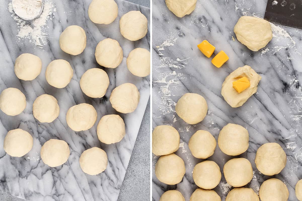 small balls of uncooked dough stuffed with a cube of cheese