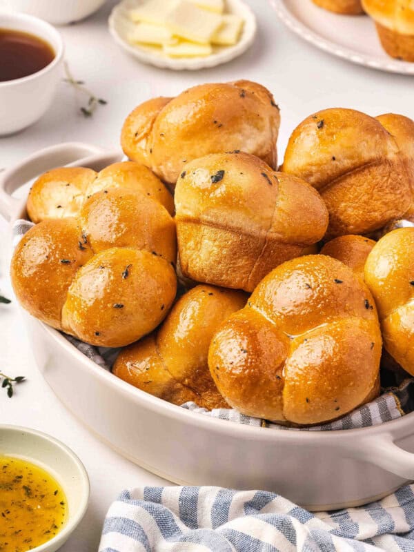 A basket of homemade shortcut cloverleaf rolls.