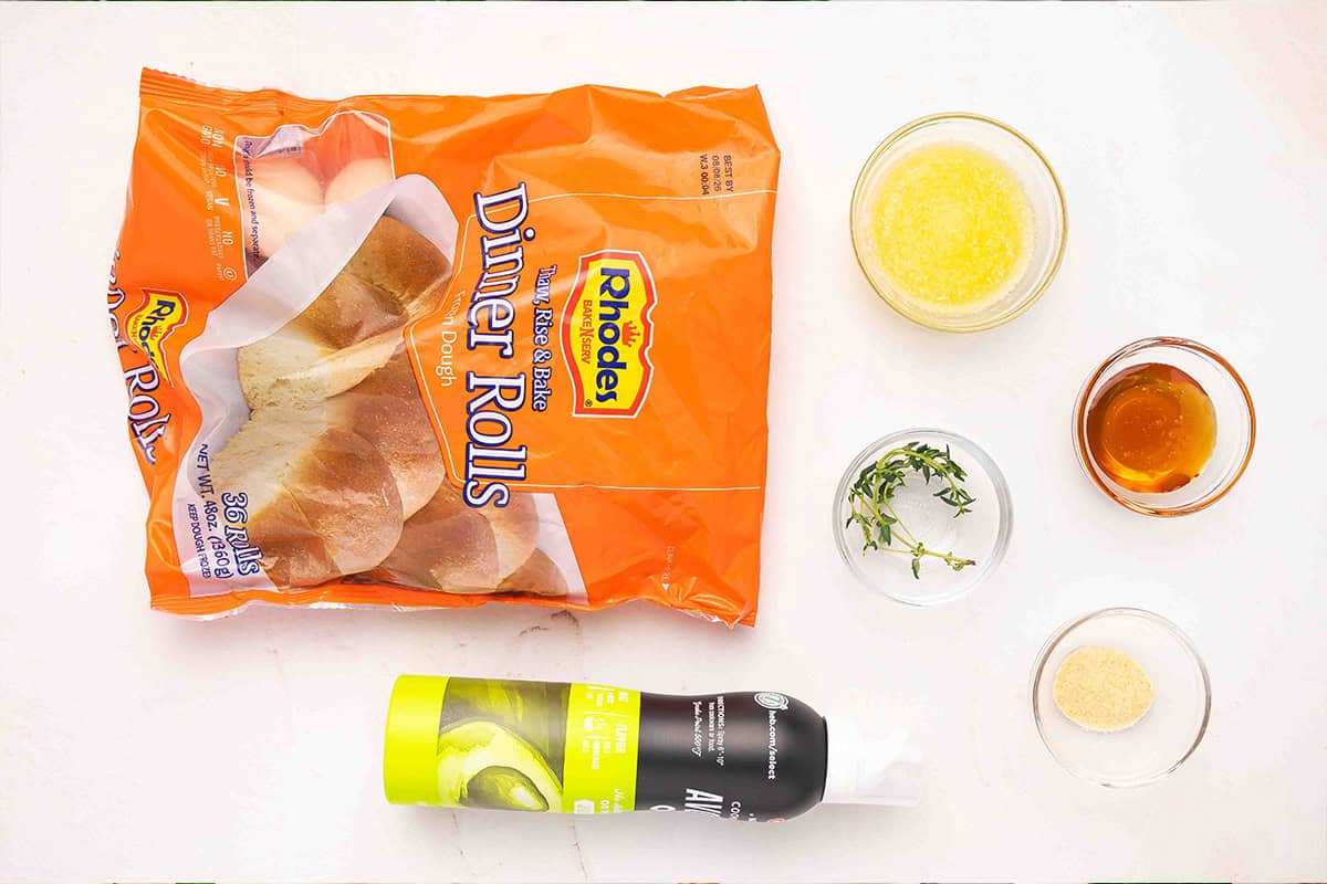 The ingredients to make cloverleaf rolls.