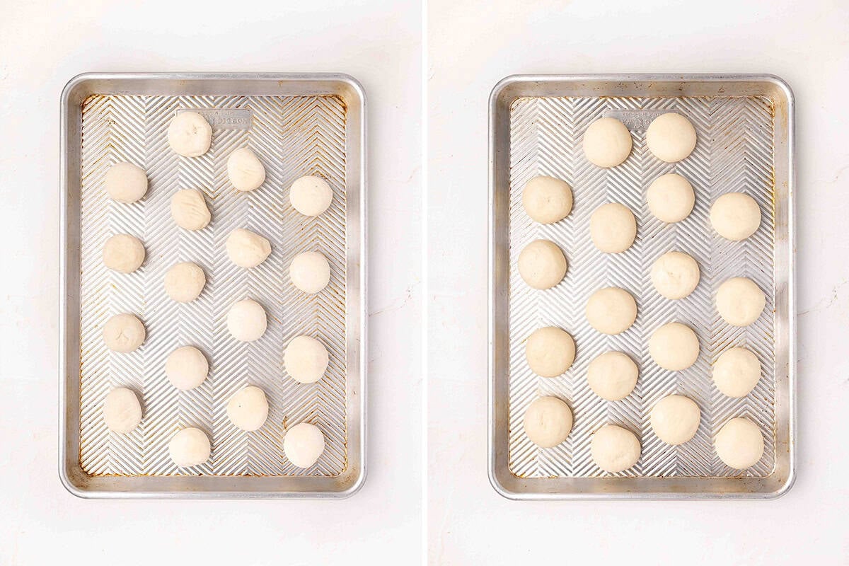 Thawed cloverleaf rolls on a baking tray before and after.