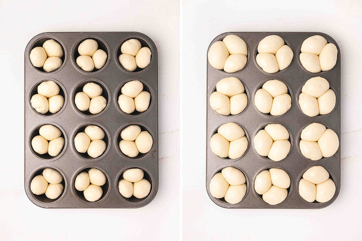 Dinner roll dough balls in a muffin pan before and after rising.