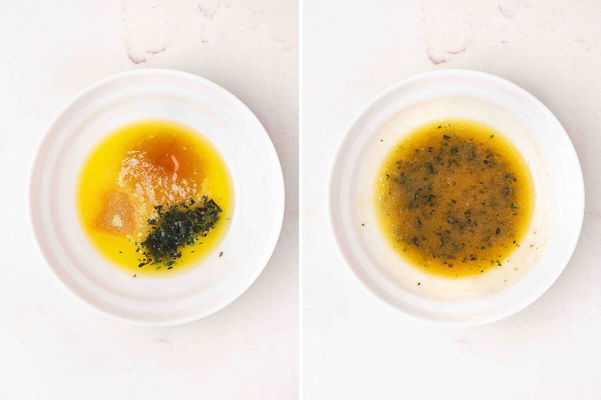 Melted butter and herbs in a bowl.