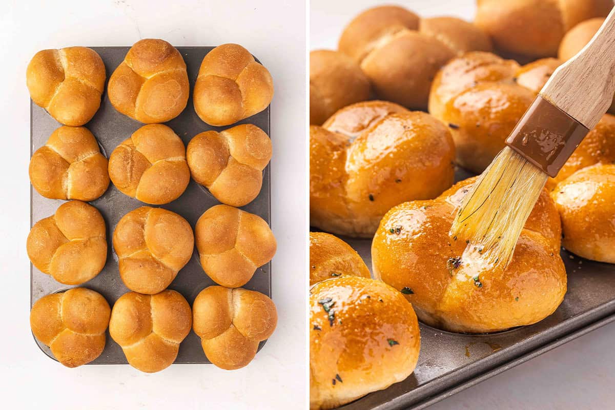 Freshly baked cloverleaf rolls.