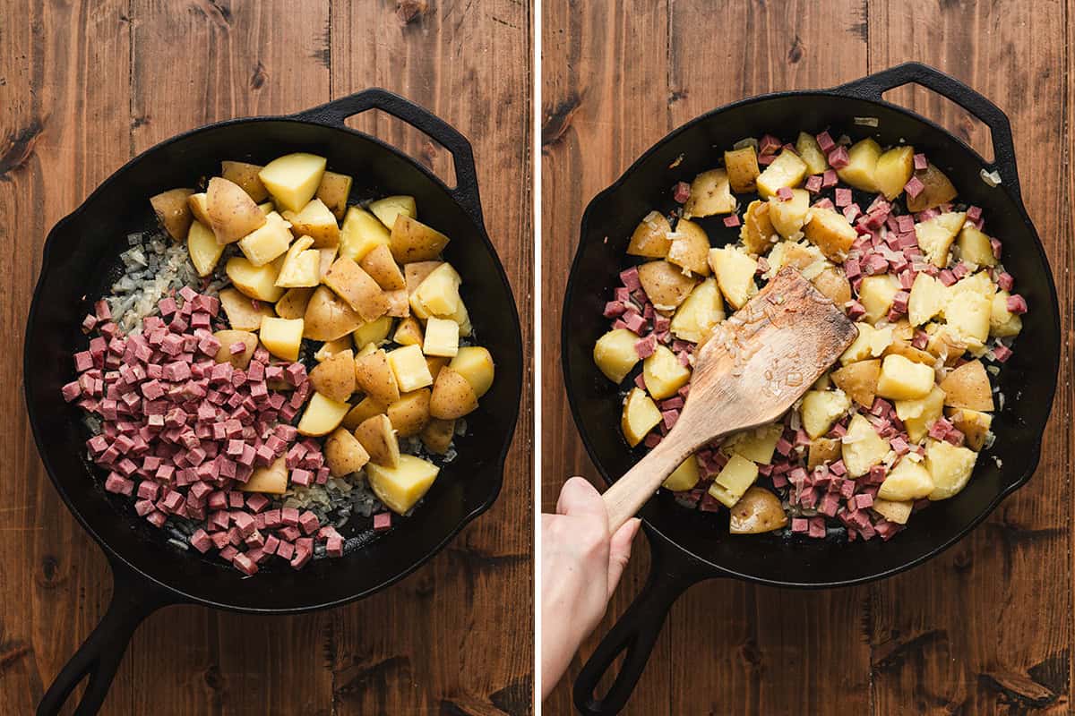 Cooked Yukon Gold potatoes and diced corned beef added to skillet with sautéed onions