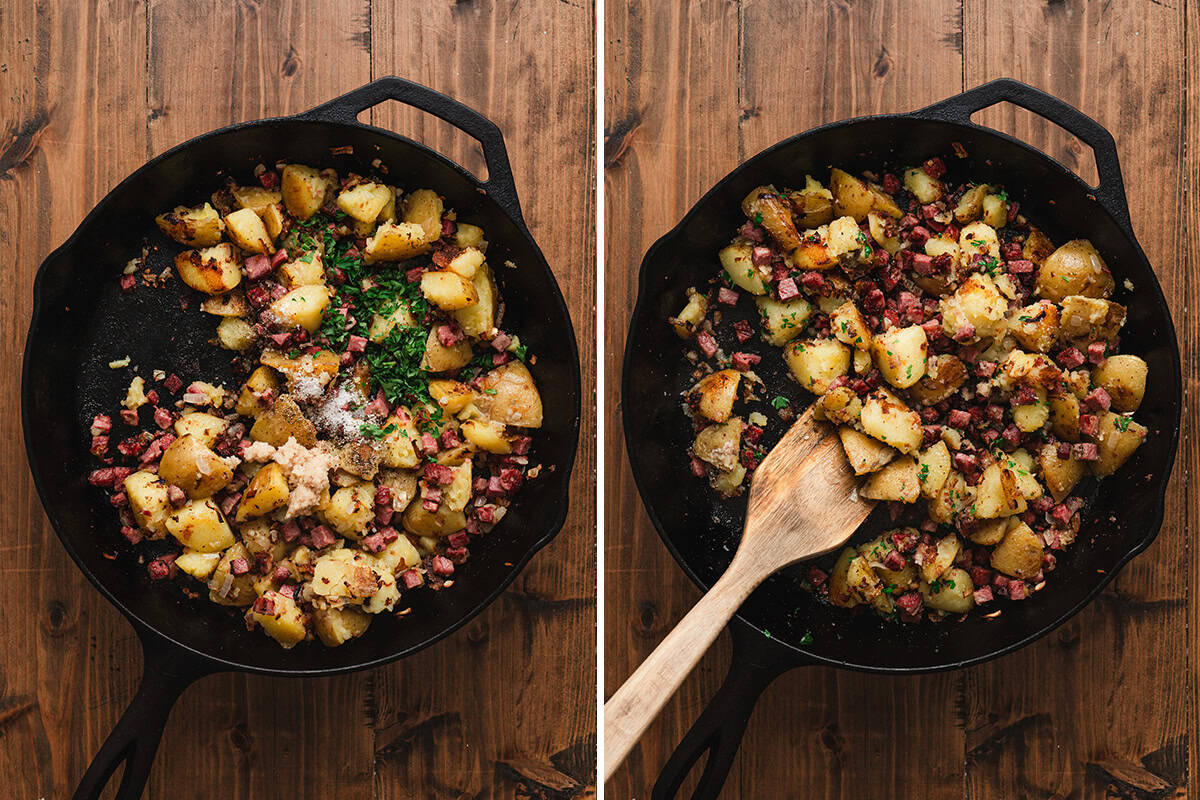 Horseradish, parsley, and seasonings added to skillet corned beef hash