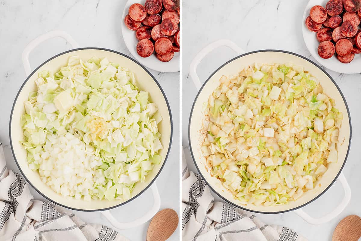 chopped cabbage and onions cooked in skillet