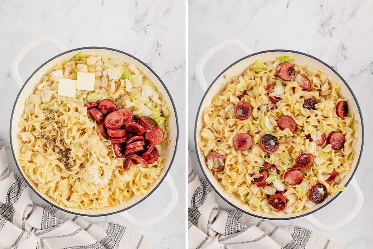 cooked cabbage, noodles, and kielbasa in pot