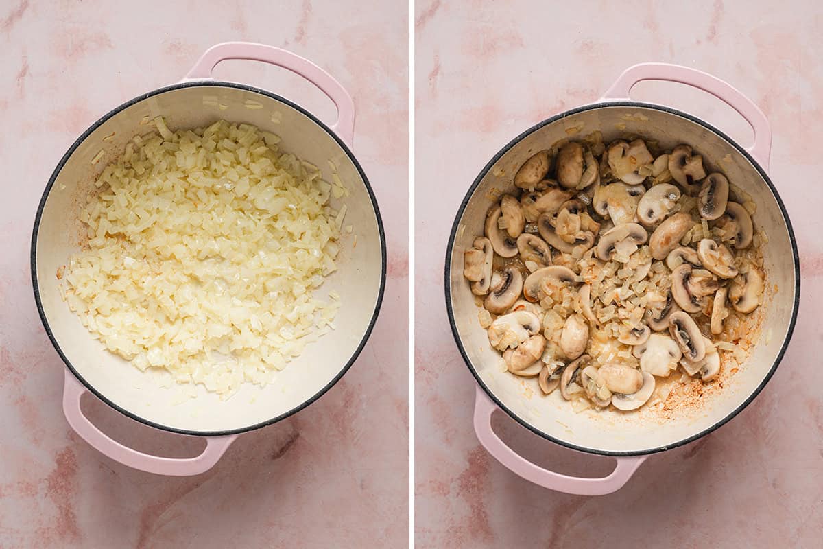 sauteed onions and sliced mushrooms in soup pot