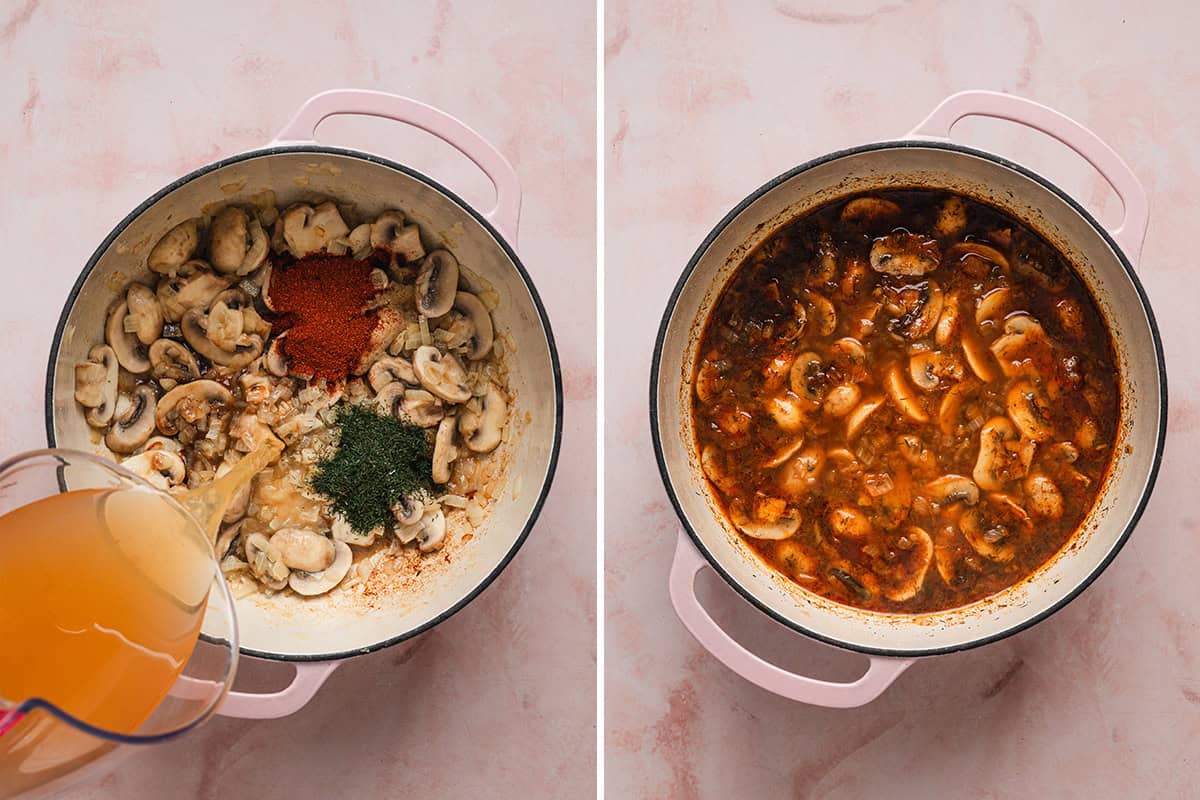 chicken broth being poured into a pot of mushroom soup