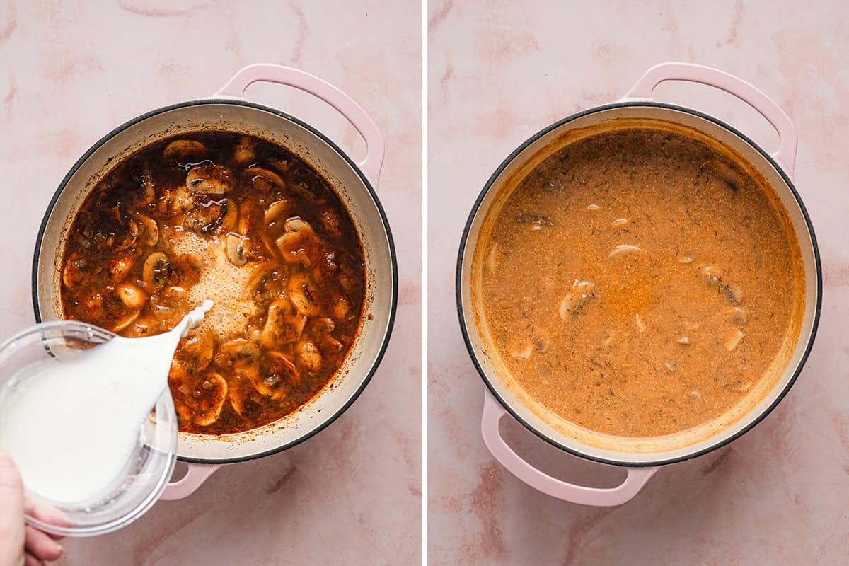 cream being poured into a pot of mushroom soup